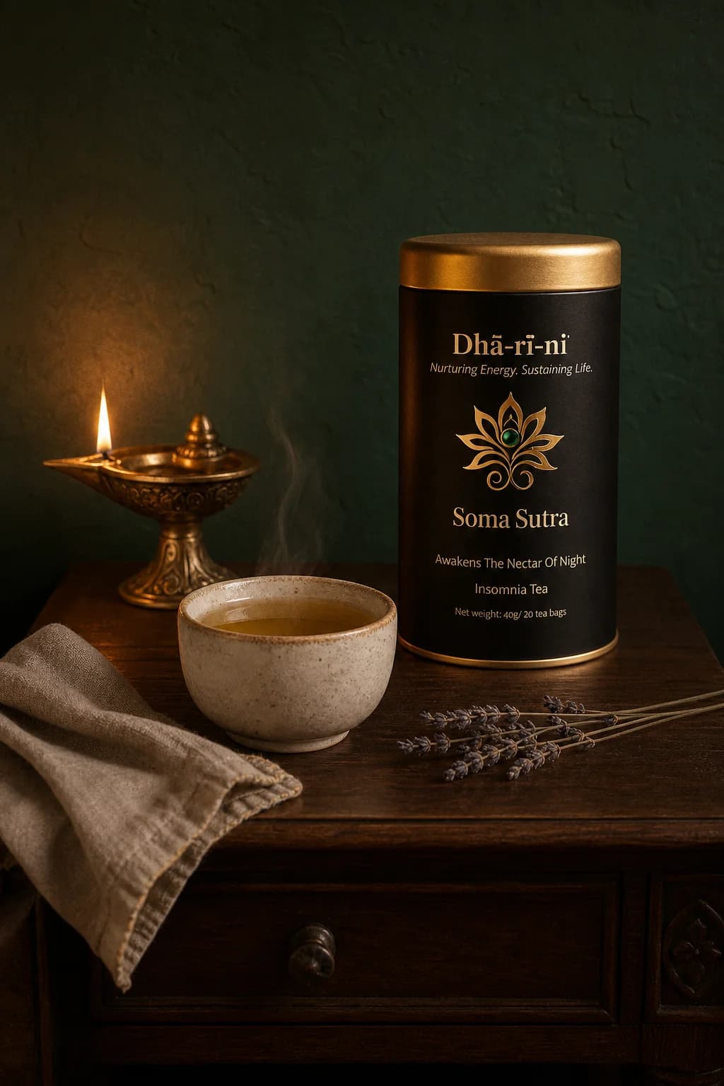 Soma Sutra tin beside a lit brass diya at night