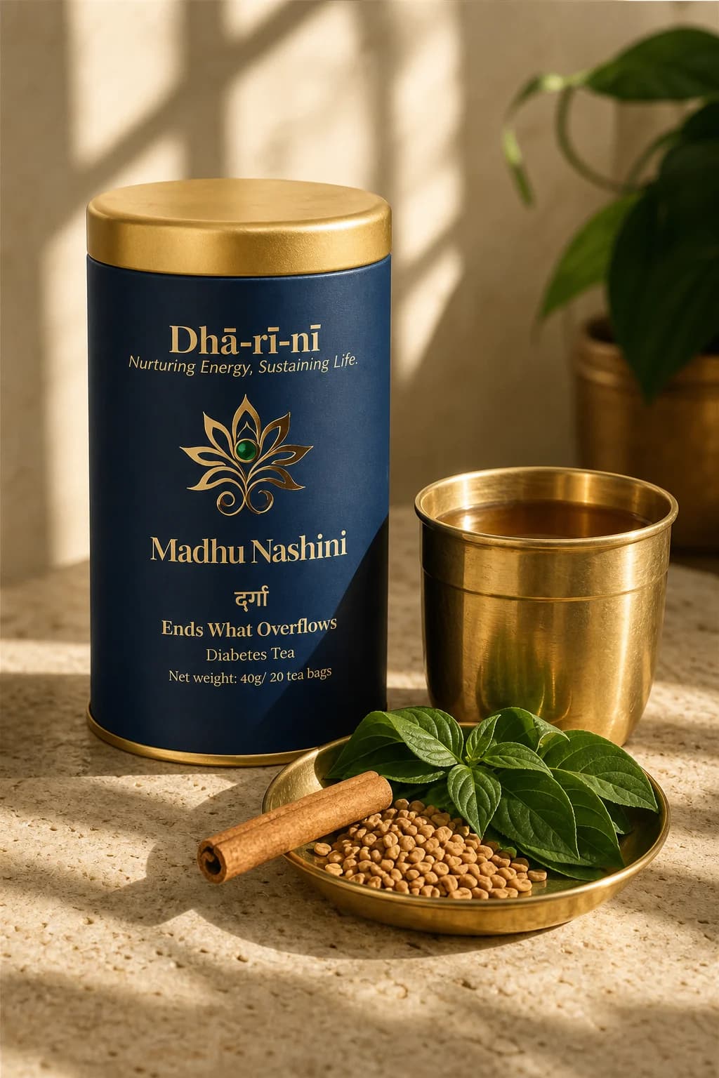 Madhu Nashini tin with a brass tumbler in afternoon light